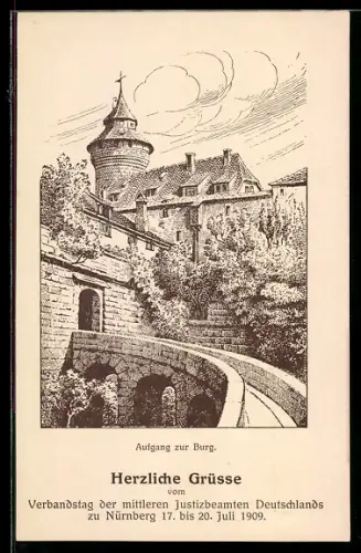 Künstler-AK Nürnberg, Aufgang zur Burg, Verbandstag der mittleren Justizbeamten Deutschlands 1909