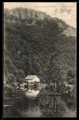 AK Stempfermühle /Fränk. Schweiz, Stempfermühle am Fluss und Felsenlandschaft