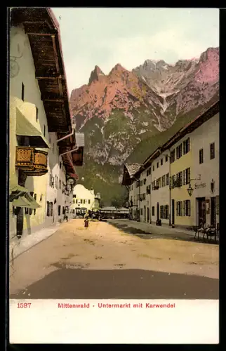 AK Mittenwald, Untermarkt mit Karwendel