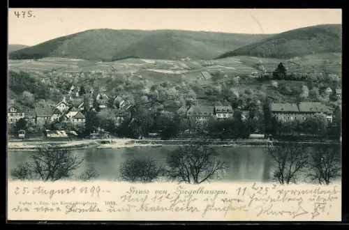 AK Ziegelhausen, Gesamtansicht des Ortes mit Gewässer und Bergen