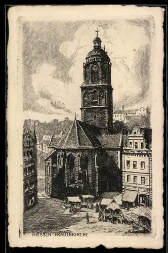 Künstler-AK Meissen, Frauenkirche mit Marktgeschehen