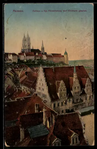 AK Meissen, Rathaus u. Kgl. Albrechtsburg vom Kirchturm gesehen