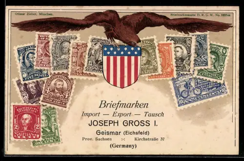 Lithographie Amerikanische Briefmarken, Briefmarken Import & Export Joseph Gross