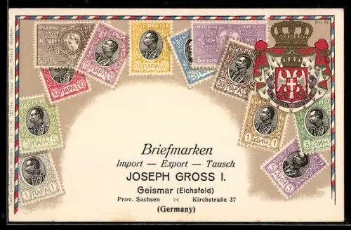 Lithographie Briefmarken mit Profil, Wappen, Briefmarken Import & Export Joseph Gross