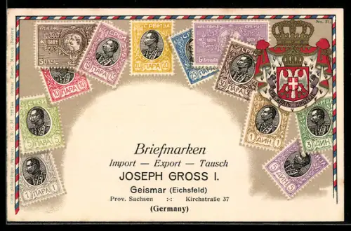 Lithographie Bunte Briefmarken mit Profil, Wappen, Briefmarken Import & Export Joseph Gross