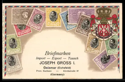 Lithographie Bunte Briefmarken, Wappen, Briefmarken Import & Export Joseph Gross
