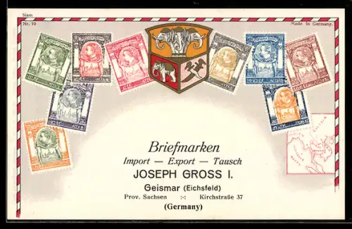 AK Siam, Briefmarken verschiedener Werte, Briefmarken Import & Export Joseph Gross