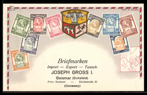 AK Siam, Briefmarken verschiedener Werte, Landkarte der Region, Briefmarken Import & Export Joseph Gross