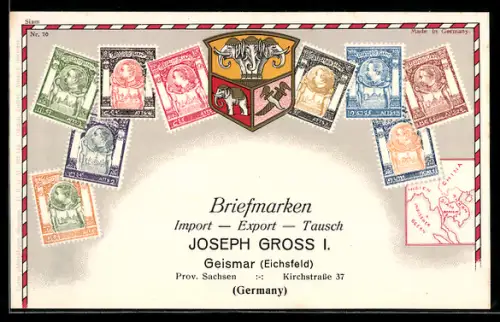 AK Siam, Briefmarken verschiedener Werte, Wappen, Landkarte der Region, Briefmarken Import & Export Joseph Gross