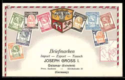 AK Siam, Briefmarken, Landkarte der Region, Briefmarken Import & Export Joseph Gross