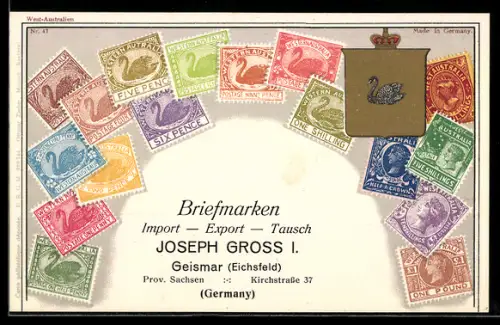 AK Australische Briefmarken, goldenes Wappen, Briefmarken Import & Export Joseph Gross