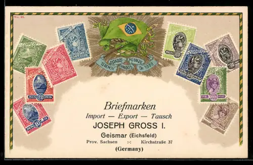 Lithographie Brazilianische Briefmarken, Flagge, Briefmarken Import & Export Joseph Gross