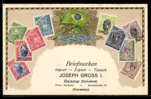 Lithographie Brazil, Flagge mit Briefmarken, Briefmarken Import & Export Joseph Gross