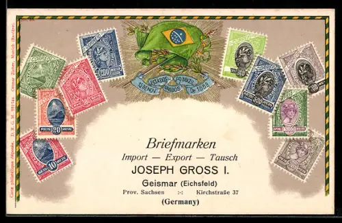 Lithographie Brasilien, Briefmarken und Landes-Wappen, Briefmarken Import & Export Joseph Gross