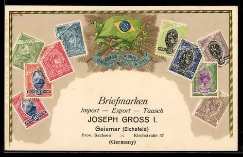 AK Brazil, Flagge mit Briefmarken, Briefmarken Import & Export Joseph Gross