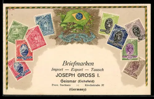AK Brasilianische Flagge mit Briefmarken, Briefmarken Import & Export Joseph Gross