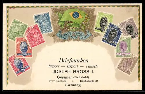 AK Brasilien, Flagge mit Briefmarken, Briefmarken Import & Export Joseph Gross