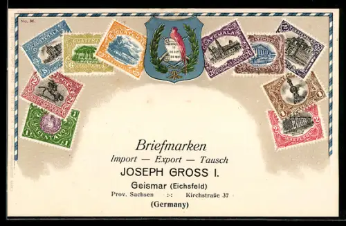 Präge-AK Briefmarken Guatemala, Wappen, Briefmarken Import & Export Joseph Gross