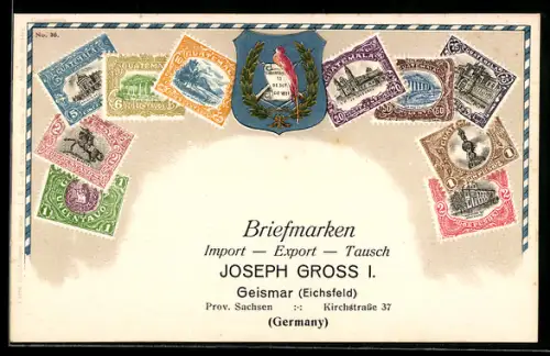 Präge-AK Briefmarken aus Guatemala, Wappen, Briefmarken Import & Export Joseph Gross