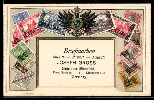 AK Briefmarken Deutsches Reich, Reichsadler, Briefmarken Import & Export Joseph Gross