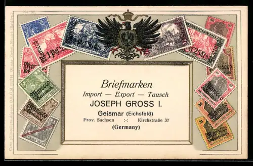 AK Deutsche Briefmarken, Marocco, Reichsadler, Briefmarken Import & Export Joseph Gross