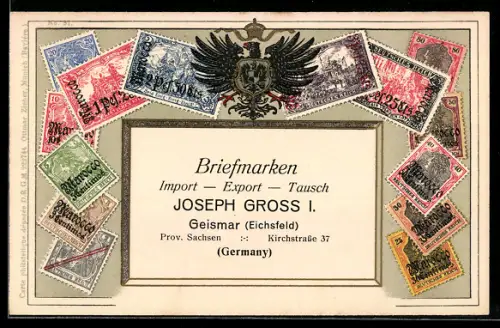 AK Briefmarken Deutsches Reich, Marocco, Reichsadler, Briefmarken Import & Export Joseph Gross