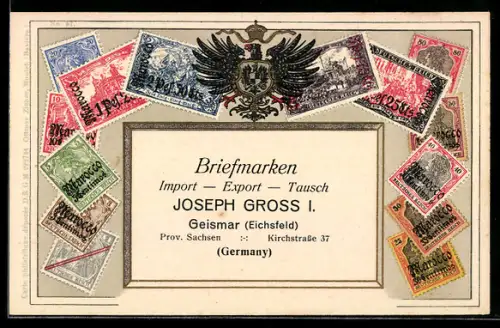 AK Briefmarken Deutsches Reich, Marocco, Reichsadler, Briefmarken Import & Export Joseph Gross