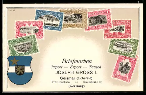 AK Kongo, Briefmarken versch. Werte, Wappen, Briefmarken Import & Export Joseph Gross