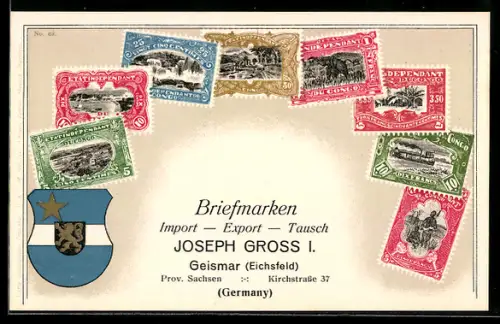 AK Kongo, Briefmarken und Wappen, Briefmarken Import & Export Joseph Gross
