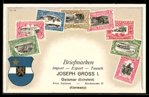 AK Kongo, Briefmarken mit versch. Werten, Briefmarken Import & Export Joseph Gross