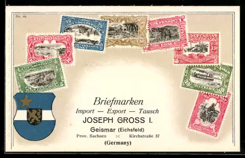 AK Kongo, Briefmarken und Wappen, Briefmarken Import & Export Joseph Gross