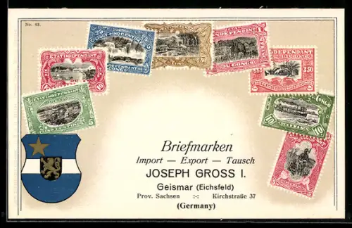 AK Kongo, Briefmarken & Wappen, Briefmarken Import & Export Joseph Gross