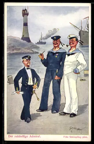 Künstler-AK Fritz Schönpflug: Der zukünftige Admiral, Leuchtturm, Schiffe