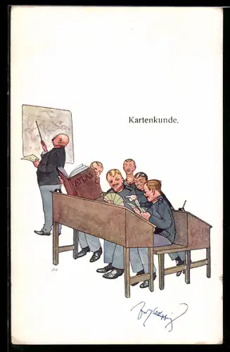 Künstler-AK Fritz Schönpflug: Kartenkund, Soldaten im Klassenzimmer mit Atlas und Karten spielend