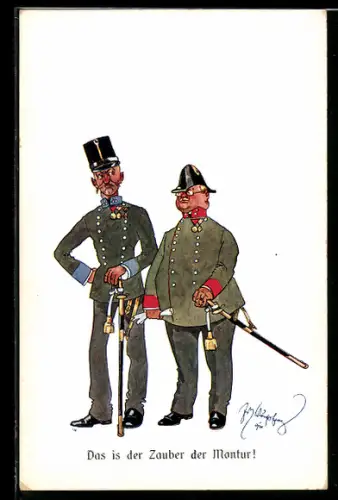 Künstler-AK Fritz Schönpflug: dicker & dünner Soldat in Uniform