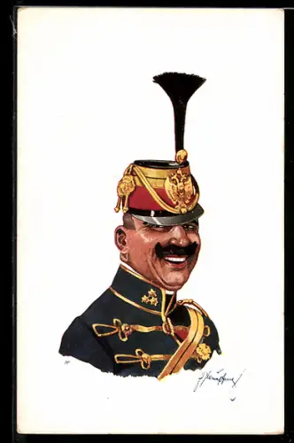 Künstler-AK Fritz Schönpflug: Reitervollblut, Portrait Soldat in Uniform mit Federhut Mütze