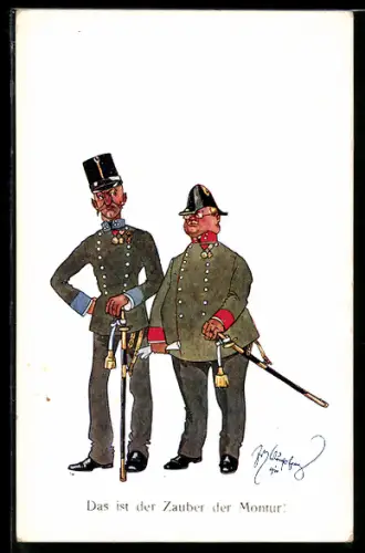 Künstler-AK Fritz Schönpflug: dicker & dünner Soldat in Uniform