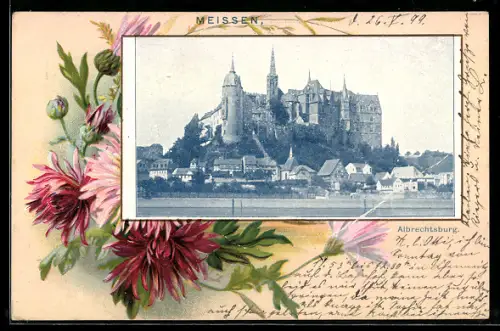 AK Meissen, Totalansicht von Albrechtsburg, Rahmen mit Blume