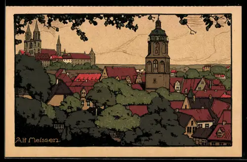 Steindruck-AK Meissen, Teilansicht