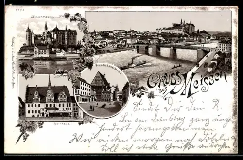 Lithographie Meissen, Albrechtsburg, Franziskanerkirche, Rathaus