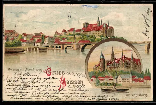Lithographie Meissen, Elbpartie mit Albrechtsburg und Dampfer
