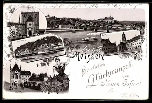 Vorläufer-Lithographie Meissen, 1895, Geipelburg, Burgtor, Markt, Neujahrsgruss