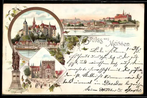 Lithographie Meissen, Teilansicht, Schloss, Kirche