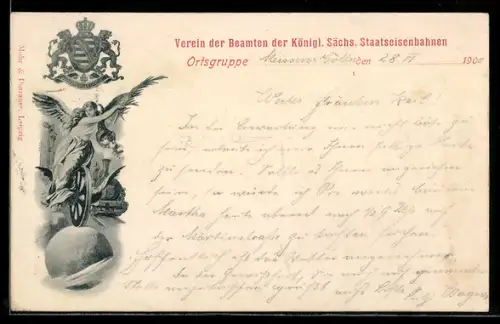 Lithographie Meissen, Verein der Beamten der Königl. Sächs. Staatseisenbahnen, Engel mit Wappen
