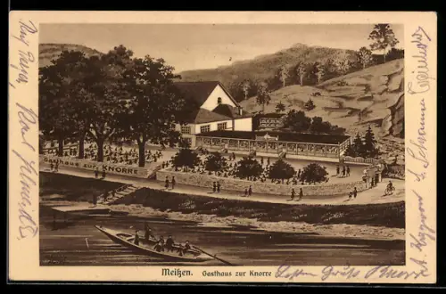 Künstler-AK Meissen i. S., Gasthaus zur Knorre am Elbufer