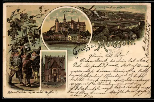 Lithographie Meissen, Königliche Porzellanmanufaktur, Alberechtsburg, Dom