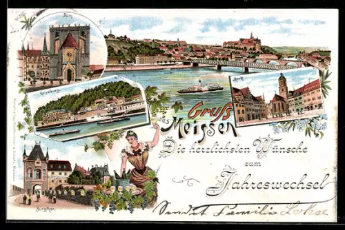 Lithographie Meissen, Geipelburg, Dom, Markt, Neujahrsgruss