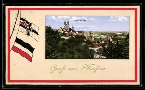 Grusskarten-AK Meissen, Teilansicht mit Dom, Flaggen