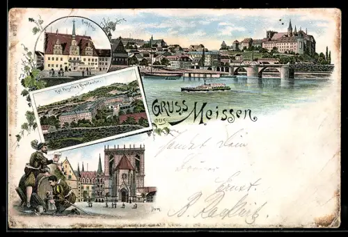 Lithographie Meissen, Kgl. Porzellan-Manufaktur, Rathaus