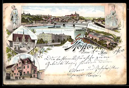 Lithographie Meissen, Ortsansicht, Kgl. Porzellan Manufaktur, Rathaus, Fürstenschule, Burgkeller
